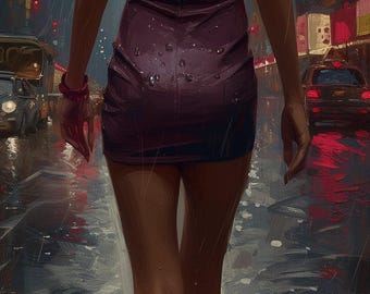 Pintura al óleo de vida nocturna: mujer rubia en vestido de cóctel, arte moderno