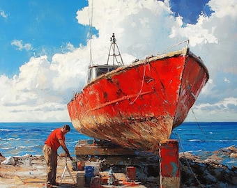 オリジナルの赤い漁船の油絵：海岸の壁アート（36x36インチ） - Etsy 日本