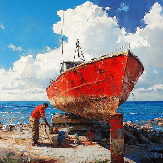 オリジナルの赤い漁船の油絵：海岸の壁アート（36x36インチ） - Etsy 日本