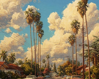 Original California Oil Painting, Palm Tree Landscape, Mid-Century Modern Art