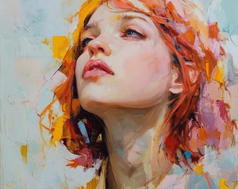 Puede incluir: Un retrato al óleo de una persona con cabello corto de color naranja vibrante mirando hacia arriba. La obra presenta pinceladas gruesas y visibles en tonos amarillos, rosas y azul claro, creando una composición texturizada y expresiva.