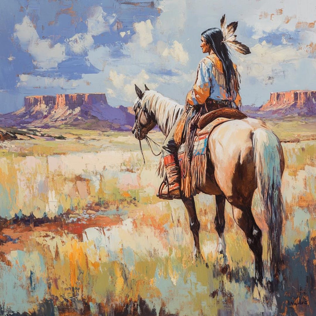 オリジナル油絵 - ネイティブアメリカンの戦士（馬に乗った）、西洋
