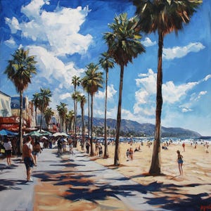 California Coastal Oil Painting: Beach Boardwalk Scene, 36x36 inches