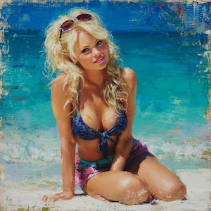 May include: An oil painting of a blonde individual with wavy hair wearing dark sunglasses on their head, a blue bikini top tied at the center, and a pink patterned skirt, kneeling on a sandy beach with a bright blue ocean in the background.