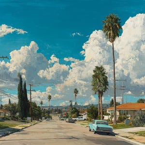 California Palm Tree Painting: Mid-Century Modern Car, Coastal Wall Art