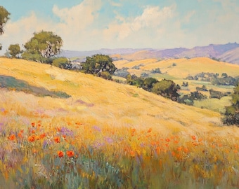 Peinture à l'huile California Hills - Art de paysage doré - 60 x 30 pouces