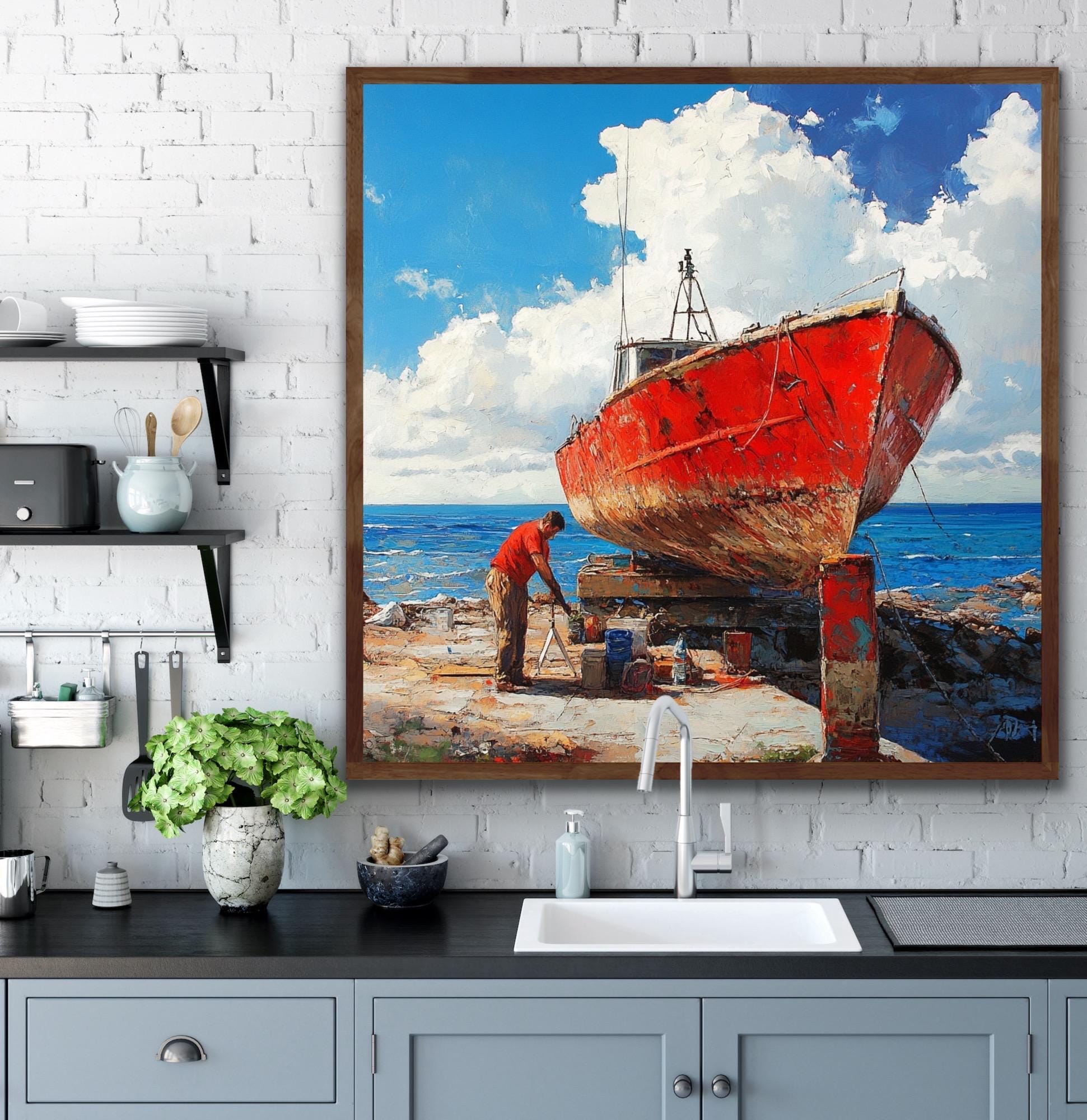 オリジナルの赤い漁船の油絵：海岸の壁アート（36x36インチ） - Etsy 日本