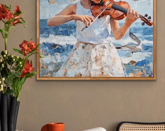 バイオリンの少女 - キャンバスに描かれた油絵 40 x 40 インチ