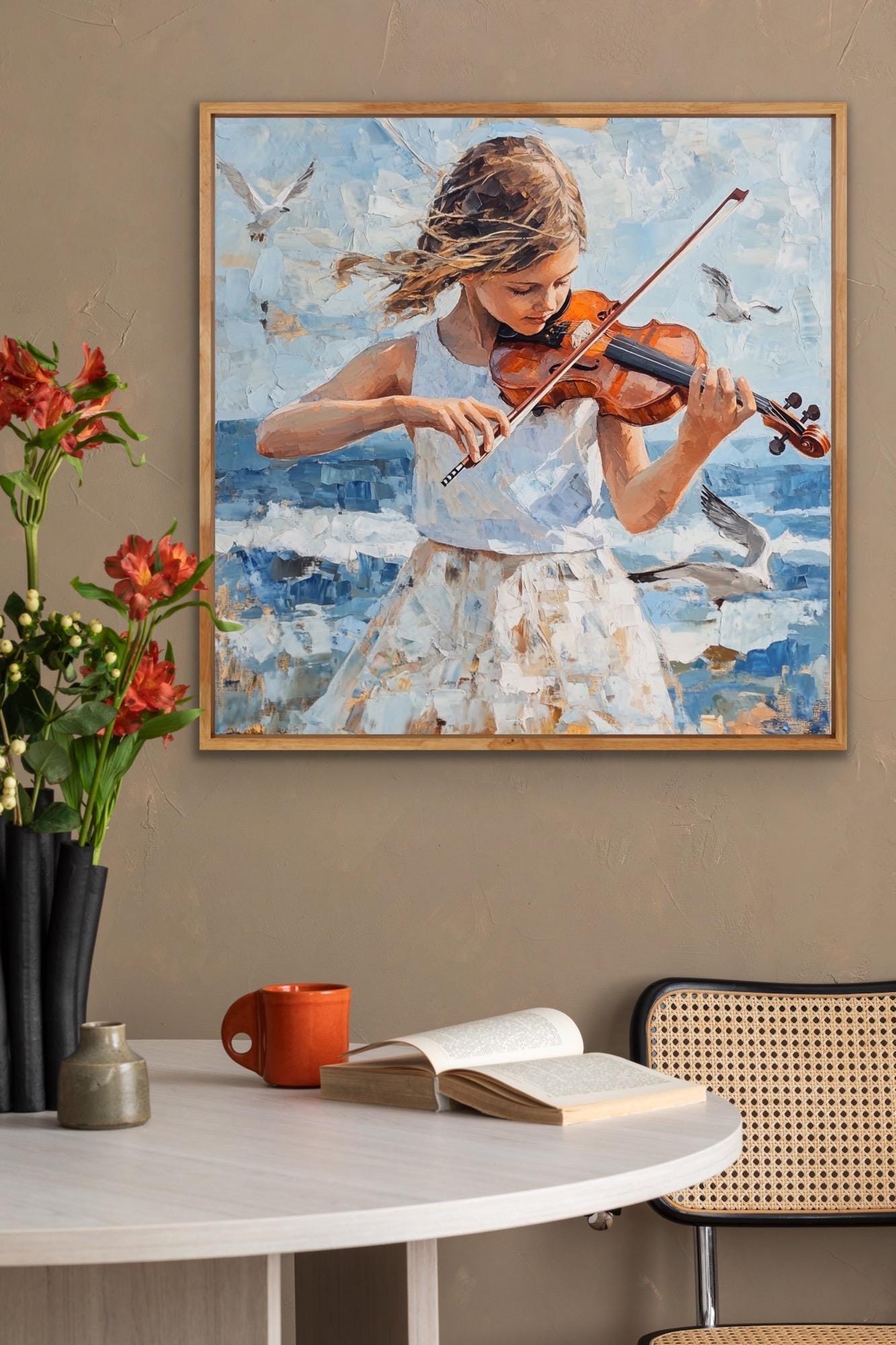 バイオリンの少女 - キャンバスに描かれた油絵 40 x 40 インチ