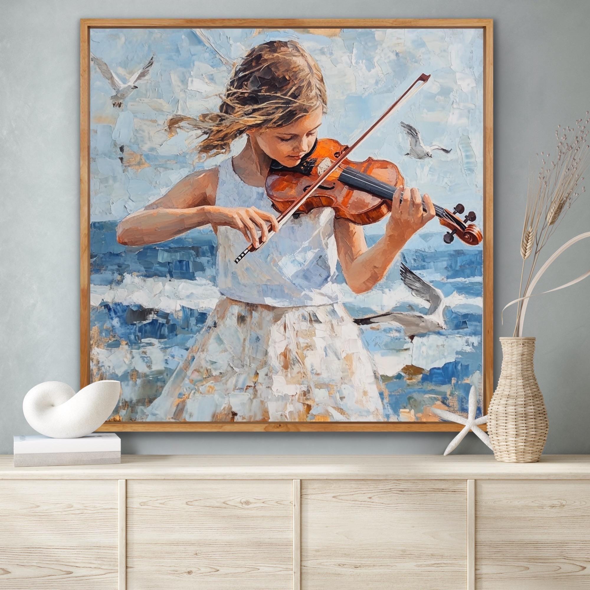 バイオリンの少女 - キャンバスに描かれた油絵 40 x 40 インチ
