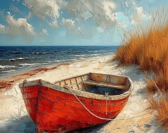 Olieverfschilderij rode vissersboot: originele zeegezichtkunst (30 x 40 inch)