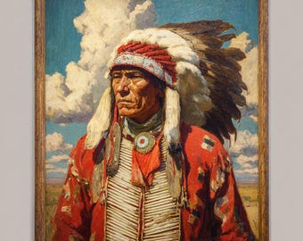 Native American Chief Oil Painting on Canvas, Western Portrait Wall Art, Indigenous Warrior Headdress, 30x30 inches