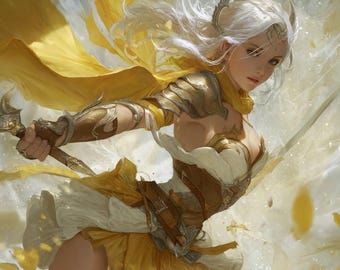 Angel Warrior Painting – Celestial Goddess in Golden Armor with Sword