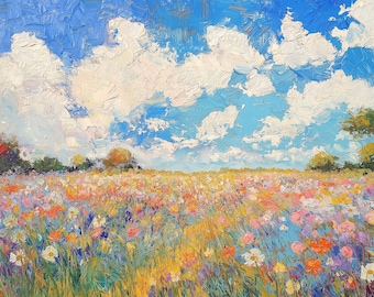 May include: An oil painting on canvas depicting a vibrant field of wildflowers in shades of pink, orange, white, and purple under a bright blue sky filled with thick, textured white clouds. Dark green trees line the horizon in the distance.