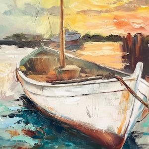 Fishing Boats  Original Oil Painting, One of a Kind, Wall Decor, Home Decoration