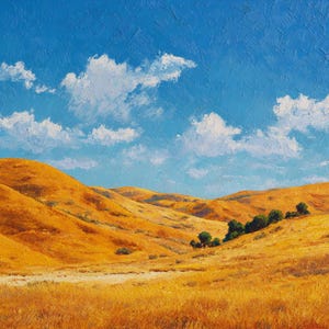 California Golden Hills Oil Painting: Blue Sky Landscape Art