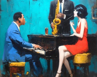 May include: An oil painting depicts a jazz band performing. A man in a blue suit plays the piano, while another in a black suit plays the saxophone. A woman in a red dress sits nearby. The background is a vibrant teal with a clock.