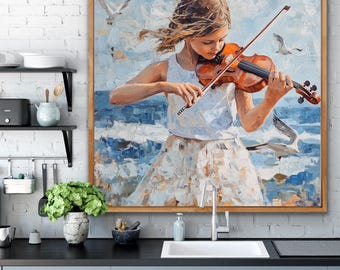 バイオリンの少女 - キャンバスに描かれた油絵 40 x 40 インチ