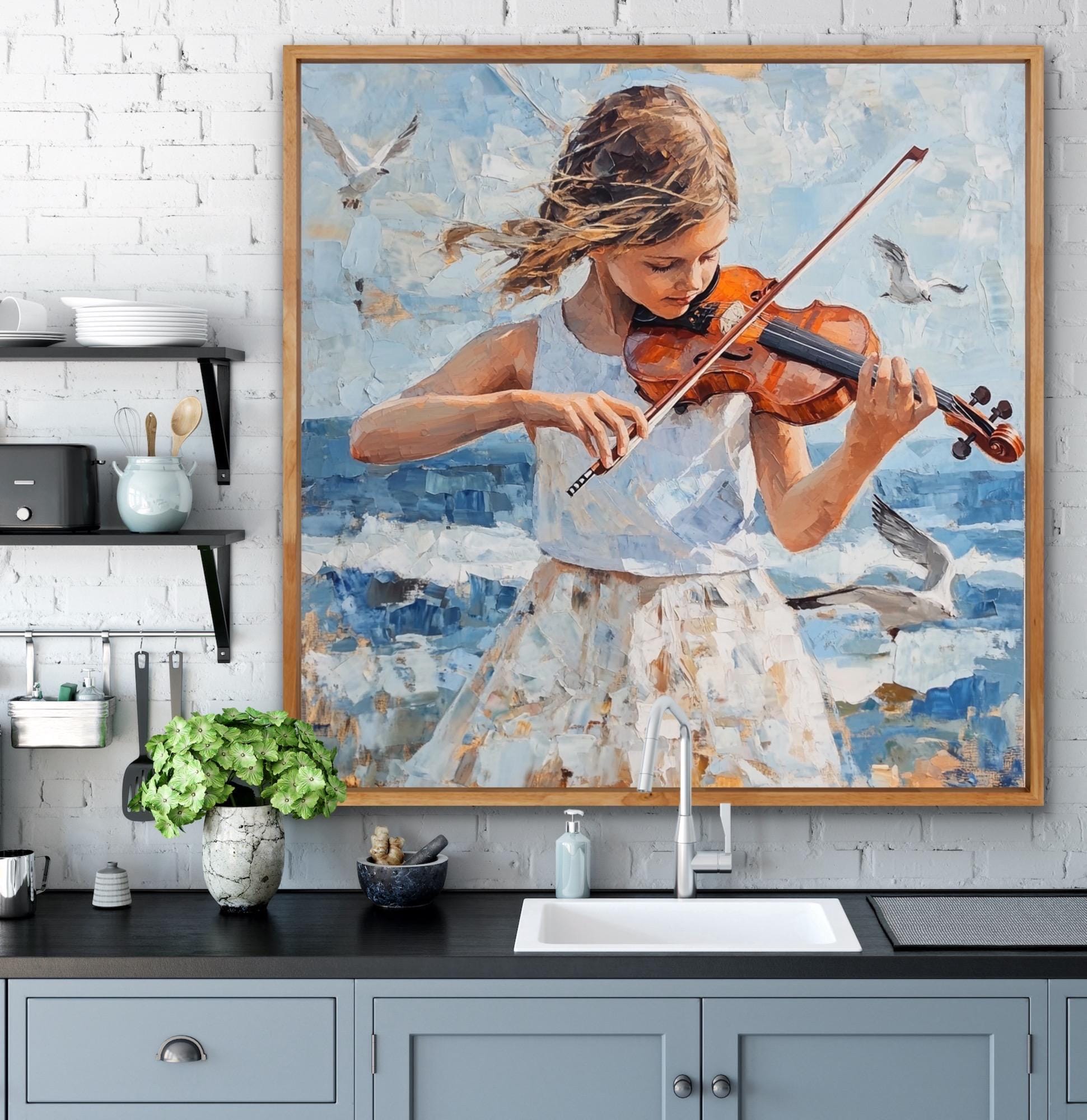 バイオリンの少女 - キャンバスに描かれた油絵 40 x 40 インチ