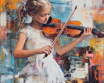 Little Violin Player- Oil painting on canvas 40x40 inches, One of a kind painting.