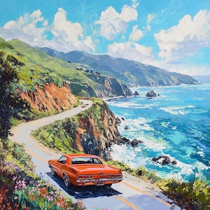 Big Sur California Oil Painting: Beach Landscape, Classic Car Art