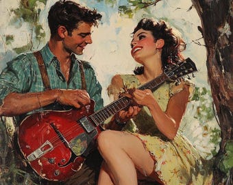 Vintage Oil Painting: Guitar Serenade in the Park (36x36 inches)