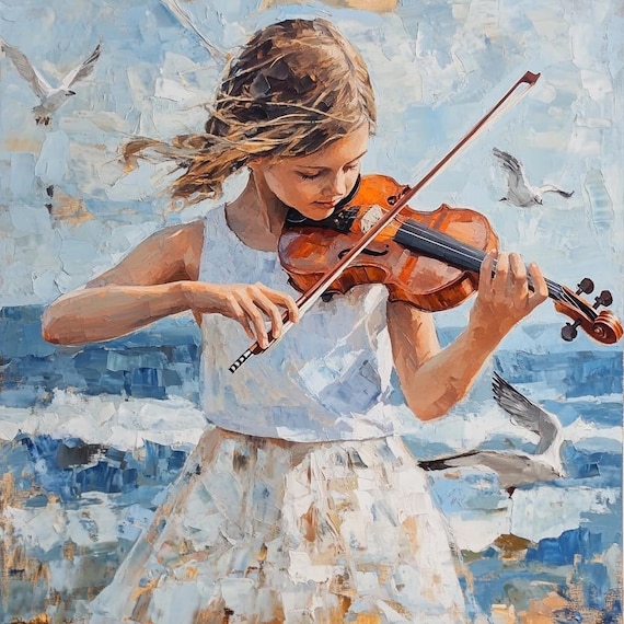 バイオリンの少女 - キャンバスに描かれた油絵 40 x 40 インチ