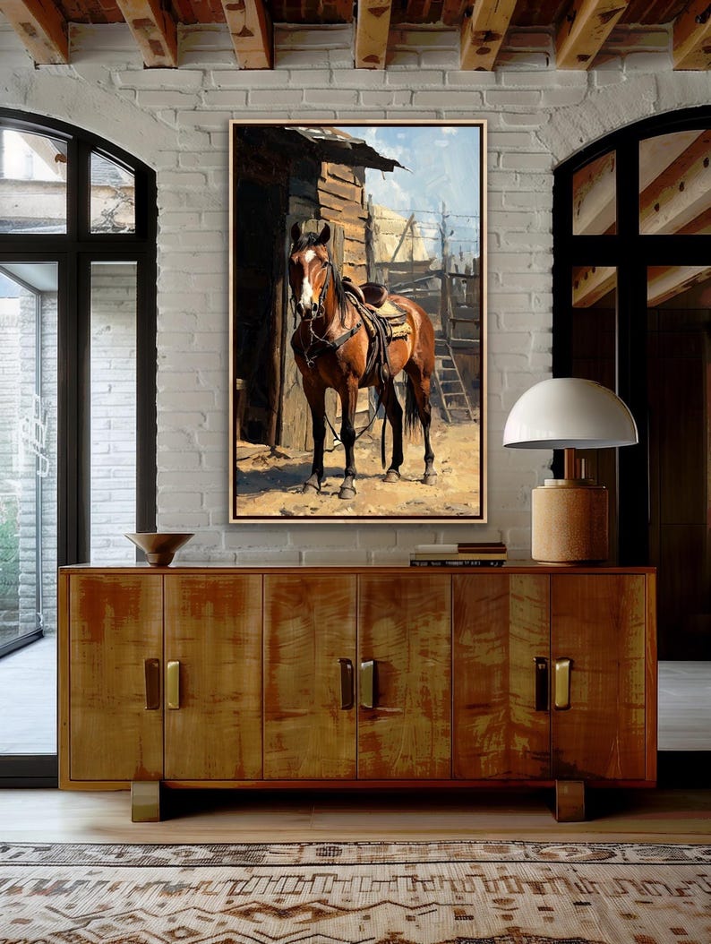 Western Horse Oil Painting: Rustic Cowboy Decor, Equestrian Wall Art ...