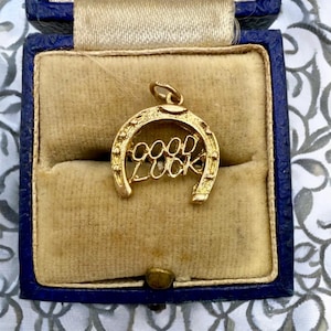 Vintage Solid 9k Yellow Gold &quot;Good Luck&quot; Horseshoe Charm