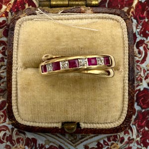 Vintage 9k Solid Yellow Gold Ruby Diamond Crossover Ring, Size 7.5