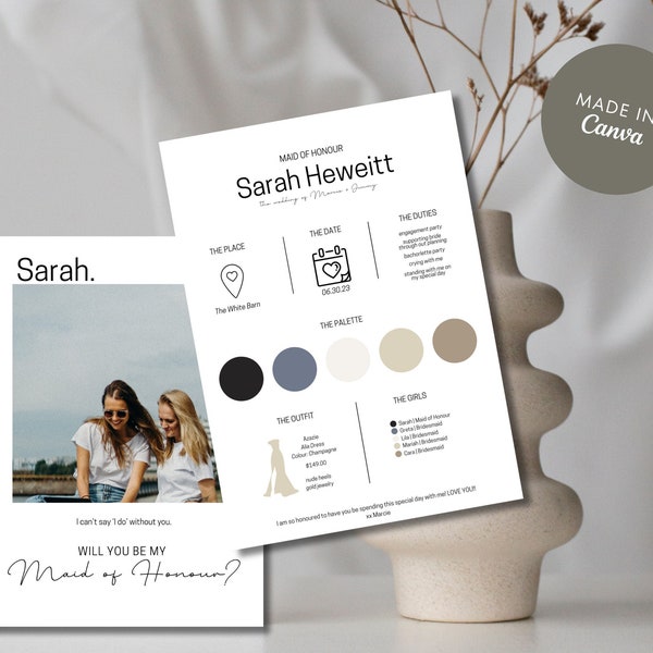 Bridesmaid Info Card Template, Bridal Party Info Card, Bridesmaid Information Card, Modern Minimalist Bridesmaid Infographic