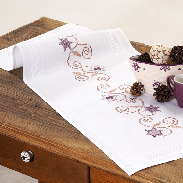 Amethyst Stars Stamped Cross Stitch DIY Kit, Winter Table Runner for Home Decore