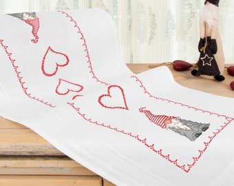 DIY Stamped Cross Stitch Kit, Gnomes with Heart Cross Stitch Table Runner