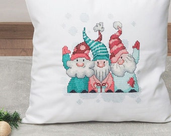 DIY Stamped Cross Stitch Pillow Cover, Gnome Greetings Printed Cross Stitch Pattern, Christmas Embroidery Kit