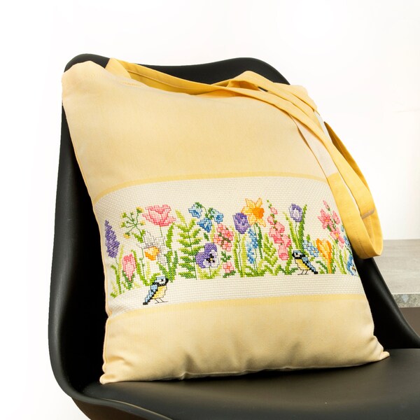 DIY Spring Flower Linen Tote Bag, Aesthetic Counted Cross Stitch DIY Kit for Adults