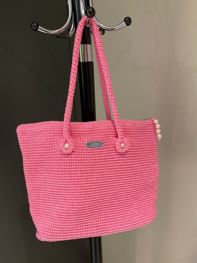 Handmade shoulder bag , pink bag , beach bag, makrome bag image 2