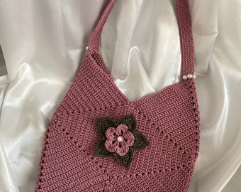 Handmade rose-coler crochet tote bag, daisy bag, flower motif bag, knit bag, daily bag