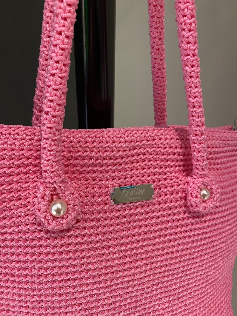 Handmade shoulder bag , pink bag , beach bag, makrome bag image 6