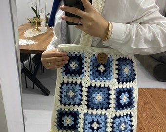 Granny square bag, crochet bag, Floral print crochet bag, summer bag, handmade bag,  kinit bag, sunflower bag, design bag
