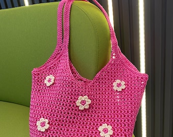 Handmade neon pink crochet tote bag, daisy bag, flower bag, knit bag, daily bag