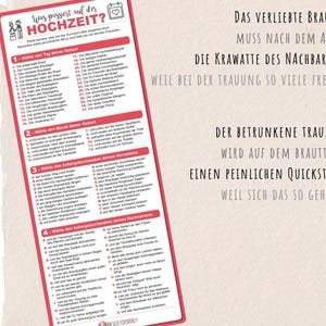 May include: A wedding-themed poster with German text, featuring a list of wedding day events and humorous sayings. The design includes a red and white checklist, a smiling face, and a tic-tac-toe game with hearts.