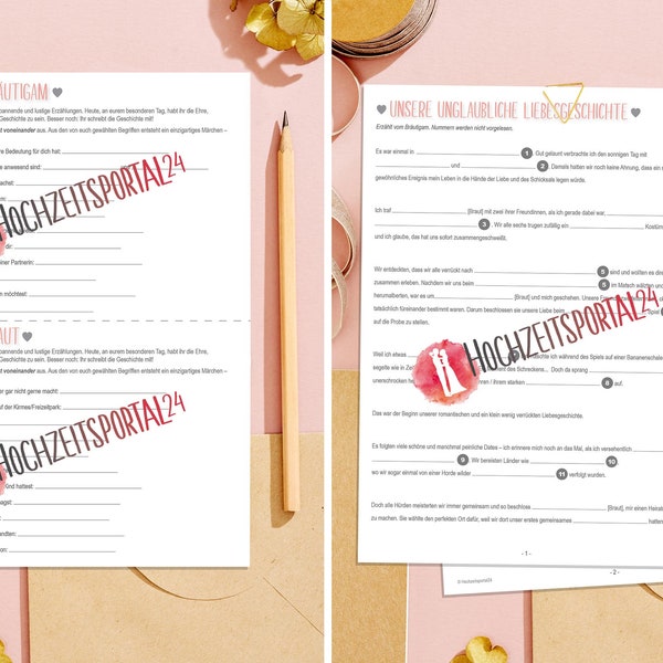 Lustiger Lückentext zur Hochzeit - Witziges Hochzeitsspiel für das Brautpaar als PDF zum Ausdrucken