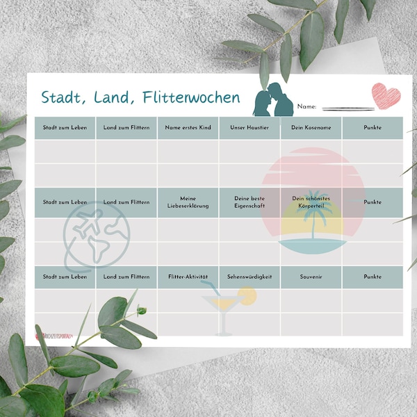 Stadt Land Flitterwochen | Kleines Hochzeitsgeschenk zum Ausdrucken