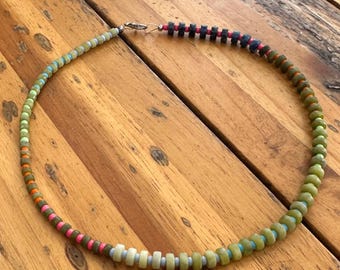 Handmade Beaded Jade Necklace | Green Gradient With Neon Accents