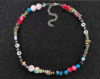 Handmade Beaded Necklace | Pink, Blue, and White