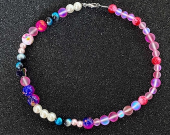 Handmade Beaded Necklace | Pink, Blue, and White