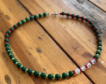 Handmade Beaded Red And Green Glass Bead Necklace