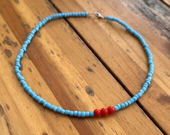 Handmade Beaded Blue And Red Glass Bead Necklace