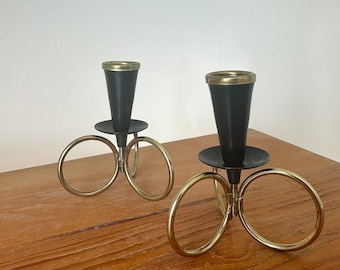 Swedish mid century modern candle holders Set of two vintage Gunnar Ander Ystad Metall Sweden candlelight holders in black metal and brass