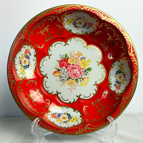 Vintage Daher decorated ware floral design tin bowl 1971 Made in England red and gold decor 1970's metal tray Design by Daher Long Island NY